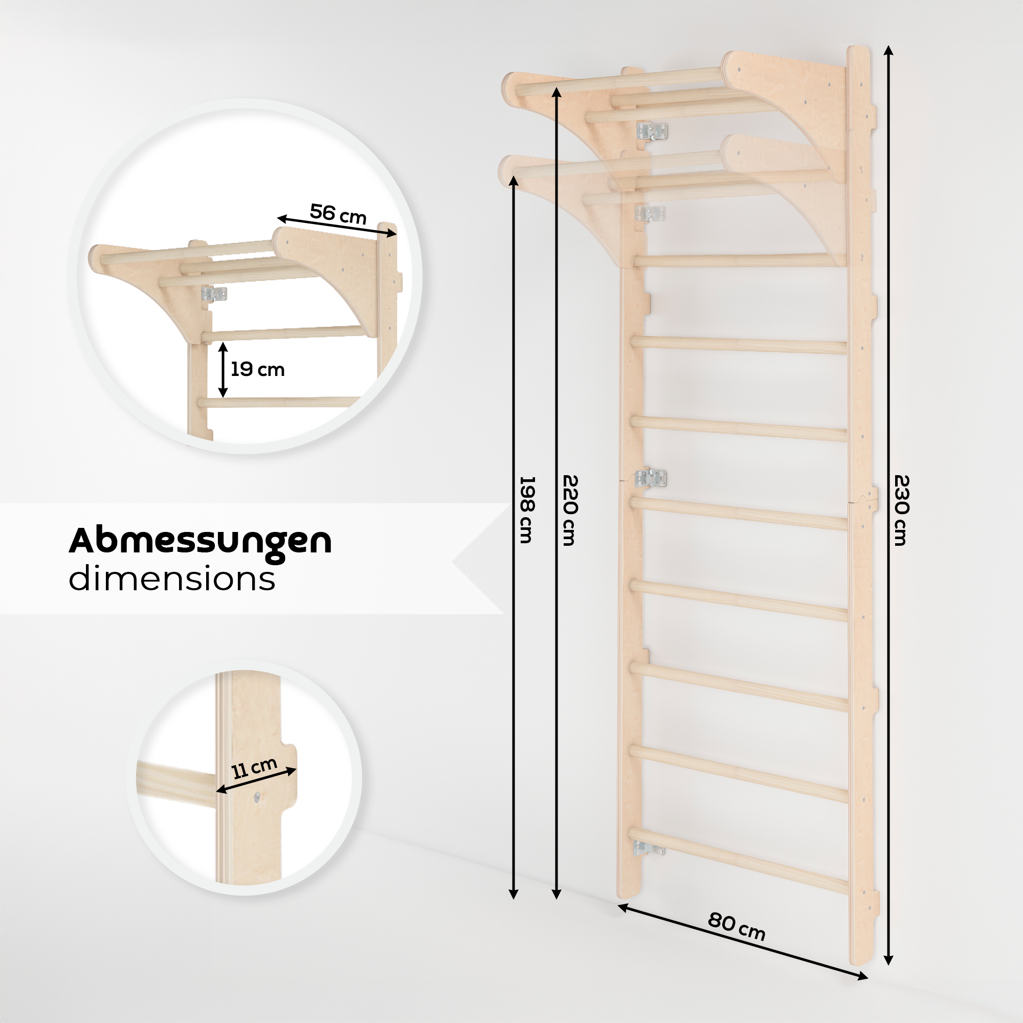 MAMOI® Drabinka gimnastyczna naścienna z uchwytem dla dorosłych – drewniana drabinka treningowa (230 cm) | Sprzęt fitness | Wielofunkcyjna drabinka | Drabinka ścienna dla dzieci i dorosłych | 100% ECO | Made in EU-1