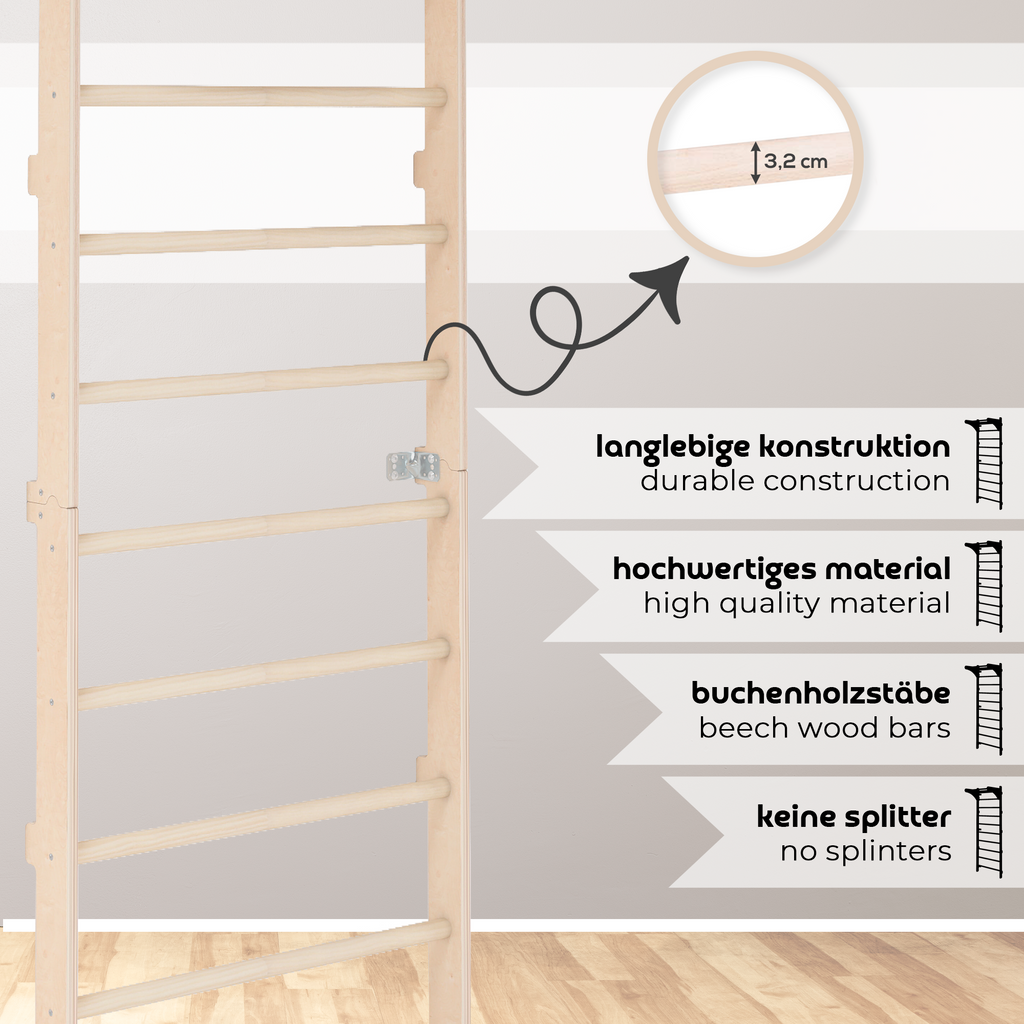 MAMOI® Drabinka gimnastyczna naścienna z uchwytem dla dorosłych – drewniana drabinka treningowa (230 cm) | Sprzęt fitness | Wielofunkcyjna drabinka | Drabinka ścienna dla dzieci i dorosłych | 100% ECO | Made in EU-2