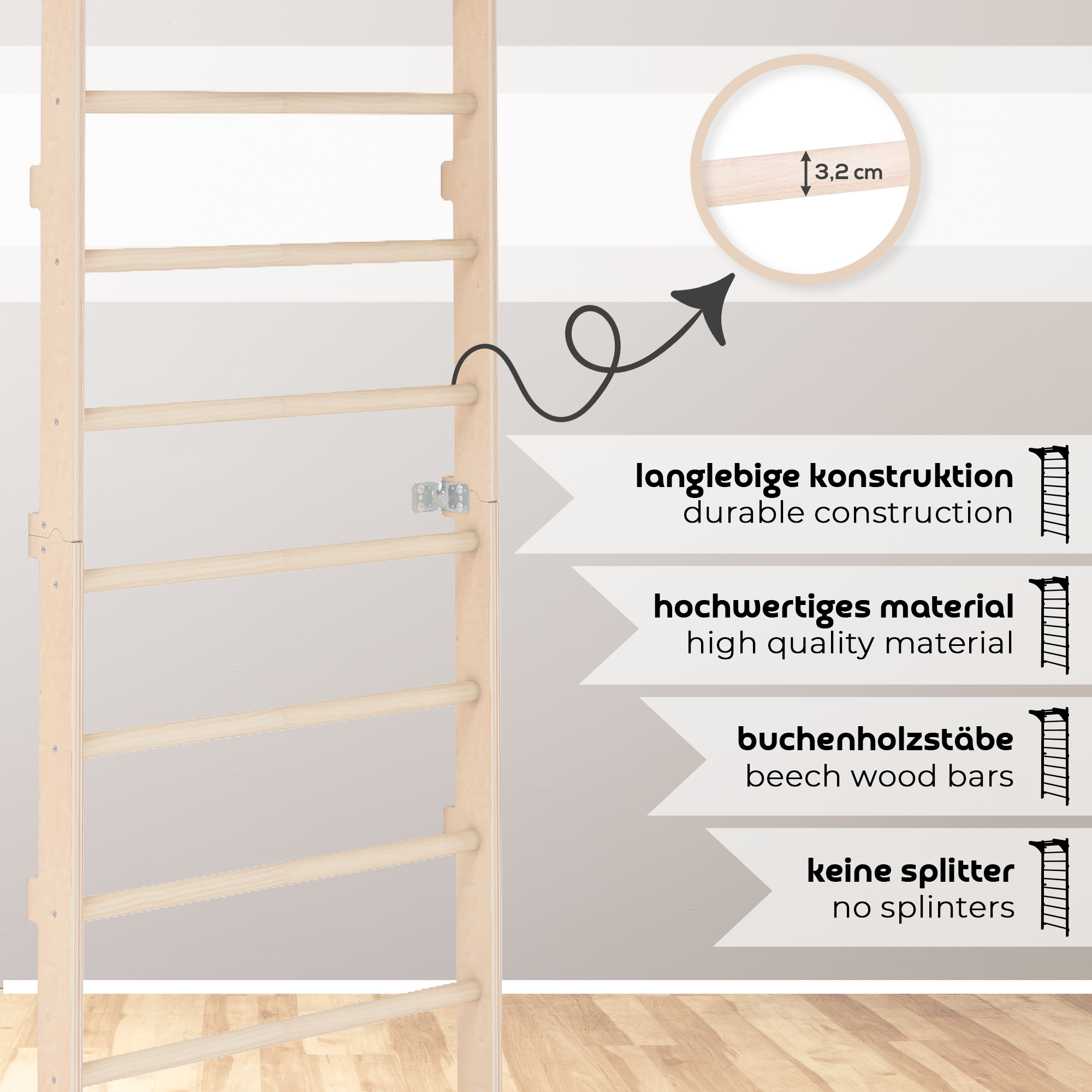 MAMOI® Drabinka gimnastyczna naścienna z uchwytem dla dorosłych – drewniana drabinka treningowa (230 cm) | Sprzęt fitness | Wielofunkcyjna drabinka | Drabinka ścienna dla dzieci i dorosłych | 100% ECO | Made in EU-2