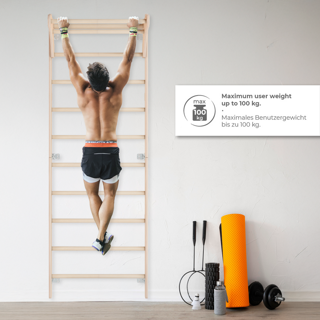 MAMOI® Drabinka gimnastyczna naścienna z uchwytem dla dorosłych – drewniana drabinka treningowa (230 cm) | Sprzęt fitness | Wielofunkcyjna drabinka | Drabinka ścienna dla dzieci i dorosłych | 100% ECO | Made in EU-3