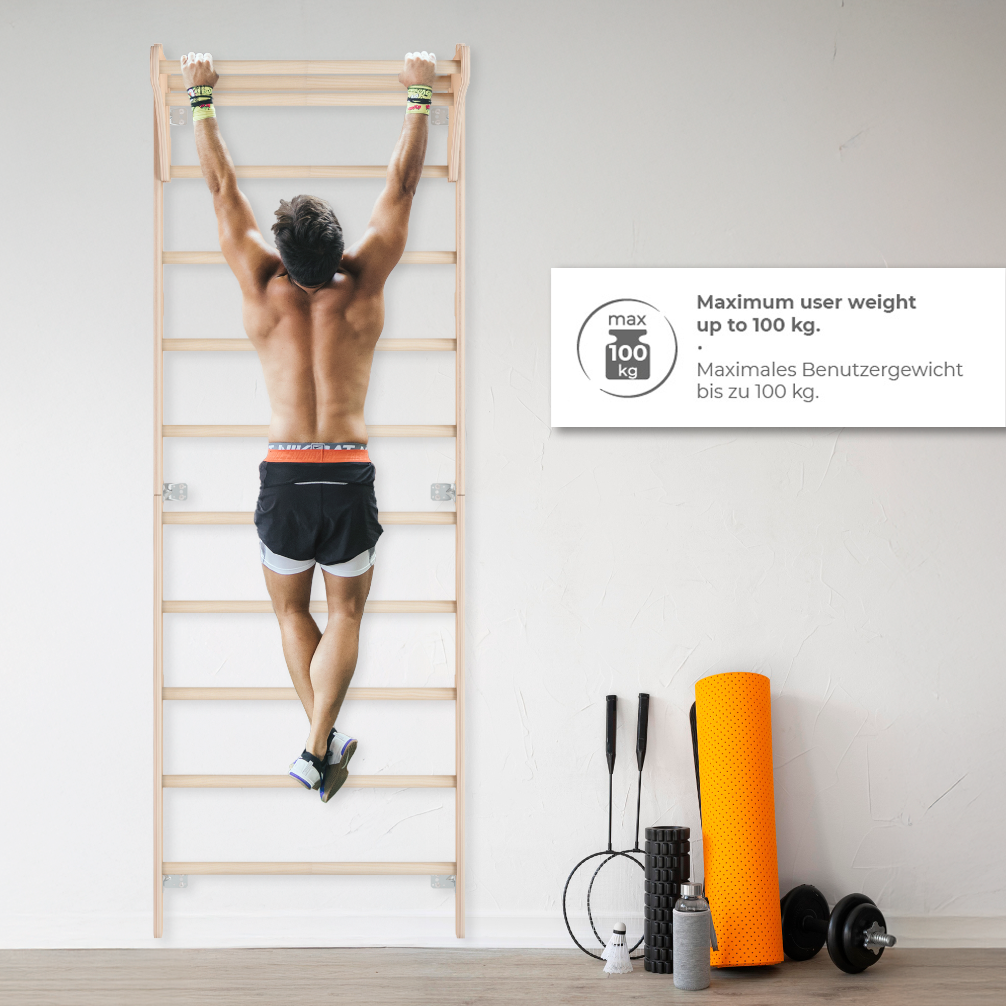 MAMOI® Drabinka gimnastyczna naścienna z uchwytem dla dorosłych – drewniana drabinka treningowa (230 cm) | Sprzęt fitness | Wielofunkcyjna drabinka | Drabinka ścienna dla dzieci i dorosłych | 100% ECO | Made in EU-3