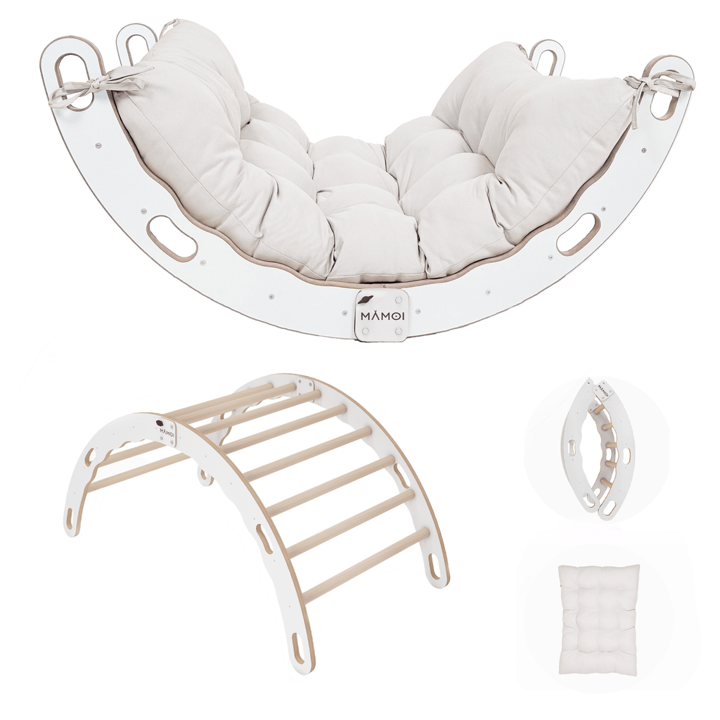 MAMOI® Arrampicata per bambini in legno naturale, Dondolo triangolo, Altalena da casa interno, Parete arco montessori a partire da 1 anno 2/3 anni-0